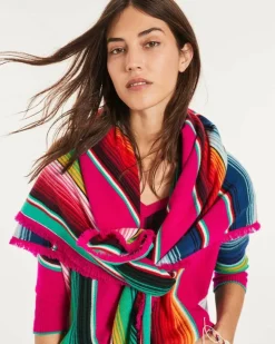 Kujten Scarves & Snoods>Extra Large Striped Cashmere Bandana Rose Magenta