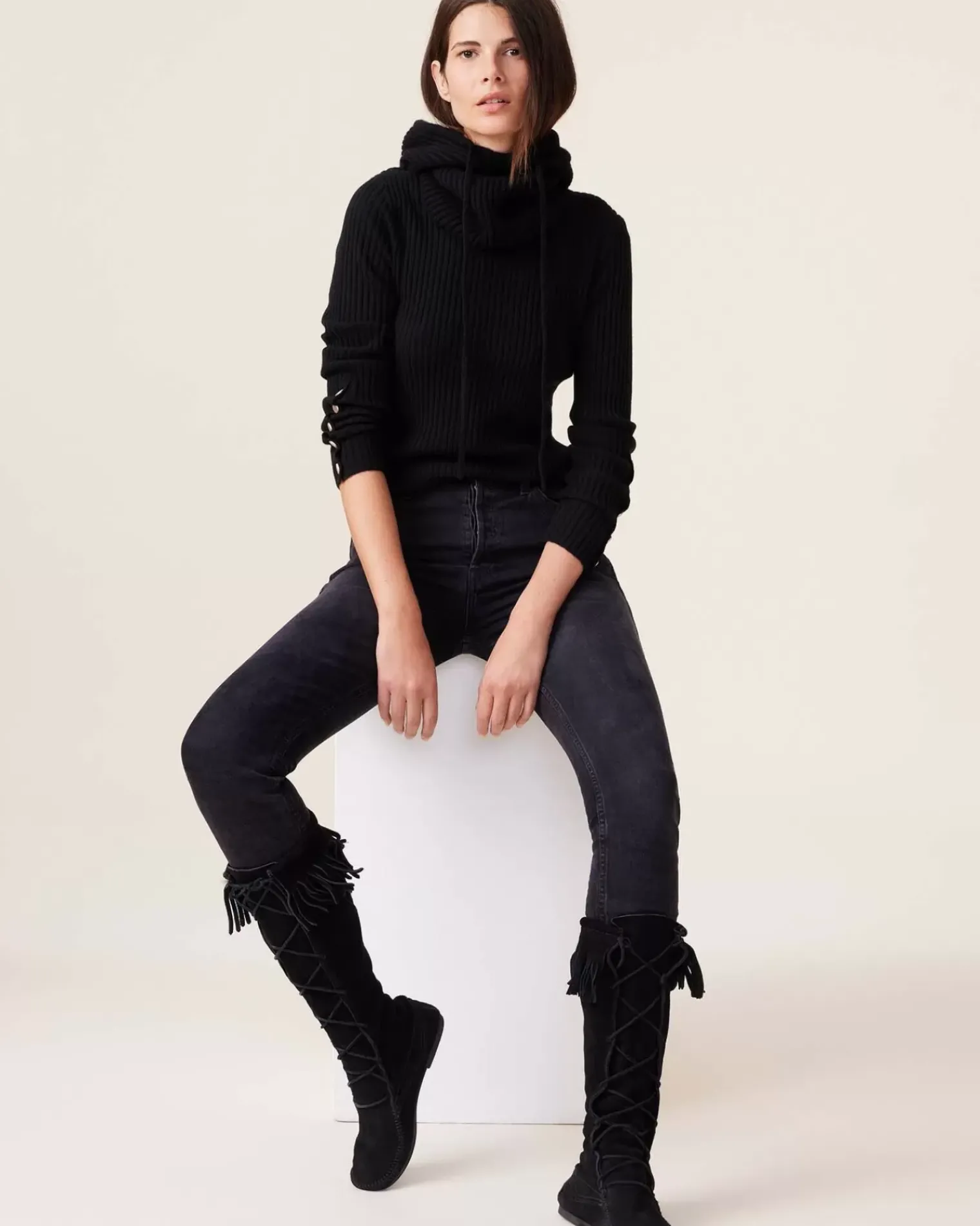 Kujten Sweaters & Sweatshirts>Flat Rib Round Neck Cashmere Sweater, 2-Threads Noir