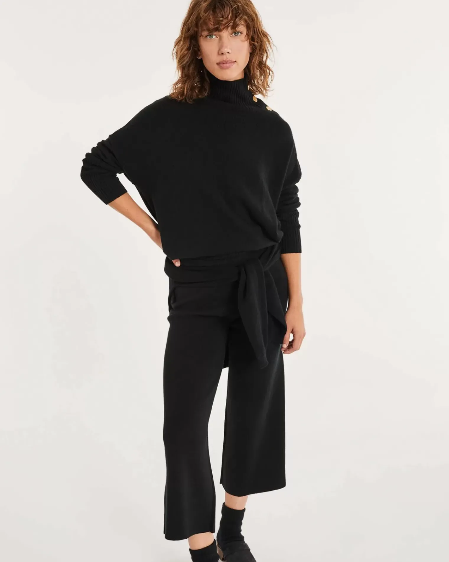 Kujten Sweaters & Sweatshirts>Funnel Neck Buttons Cashmere Sweater, 4-Threads Noir