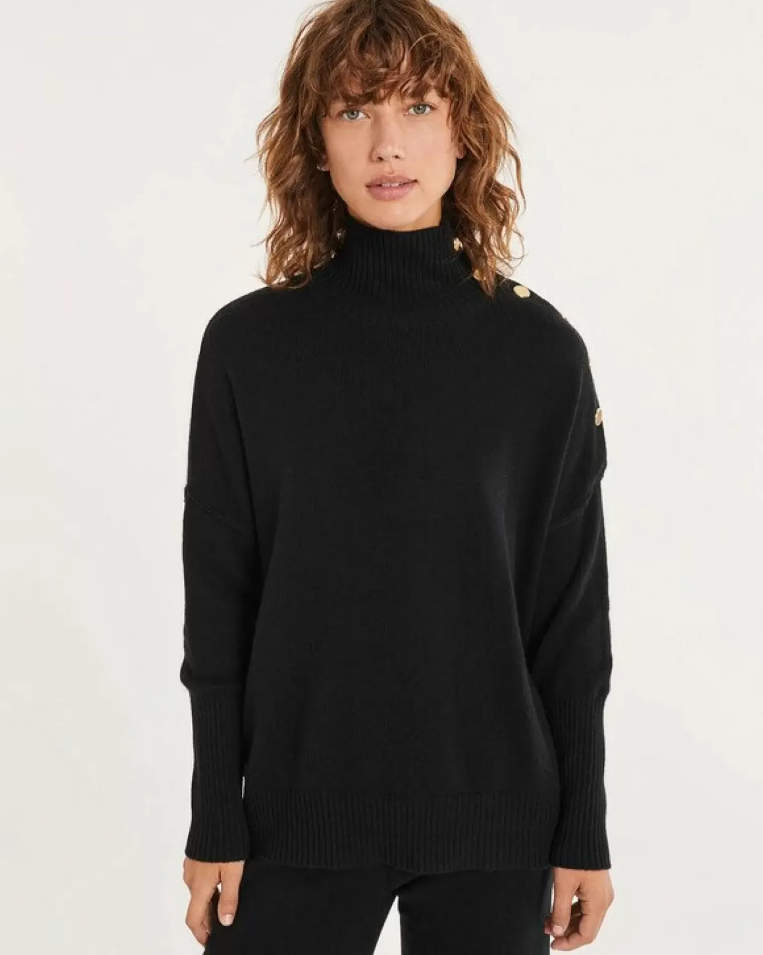 Kujten Sweaters & Sweatshirts>Funnel Neck Buttons Cashmere Sweater, 4-Threads Noir