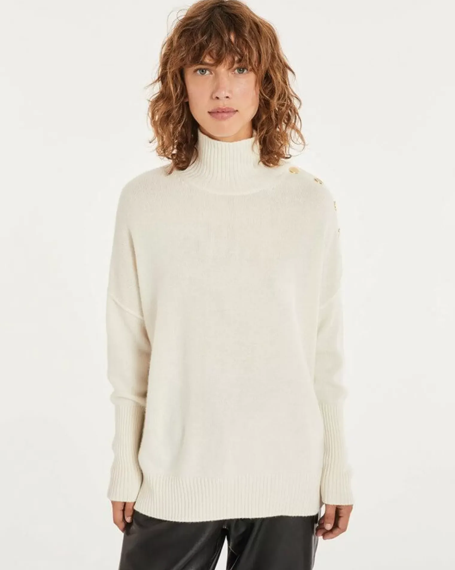 Kujten Sweaters & Sweatshirts>Funnel Neck Buttons Cashmere Sweater, 4-Threads Blanc