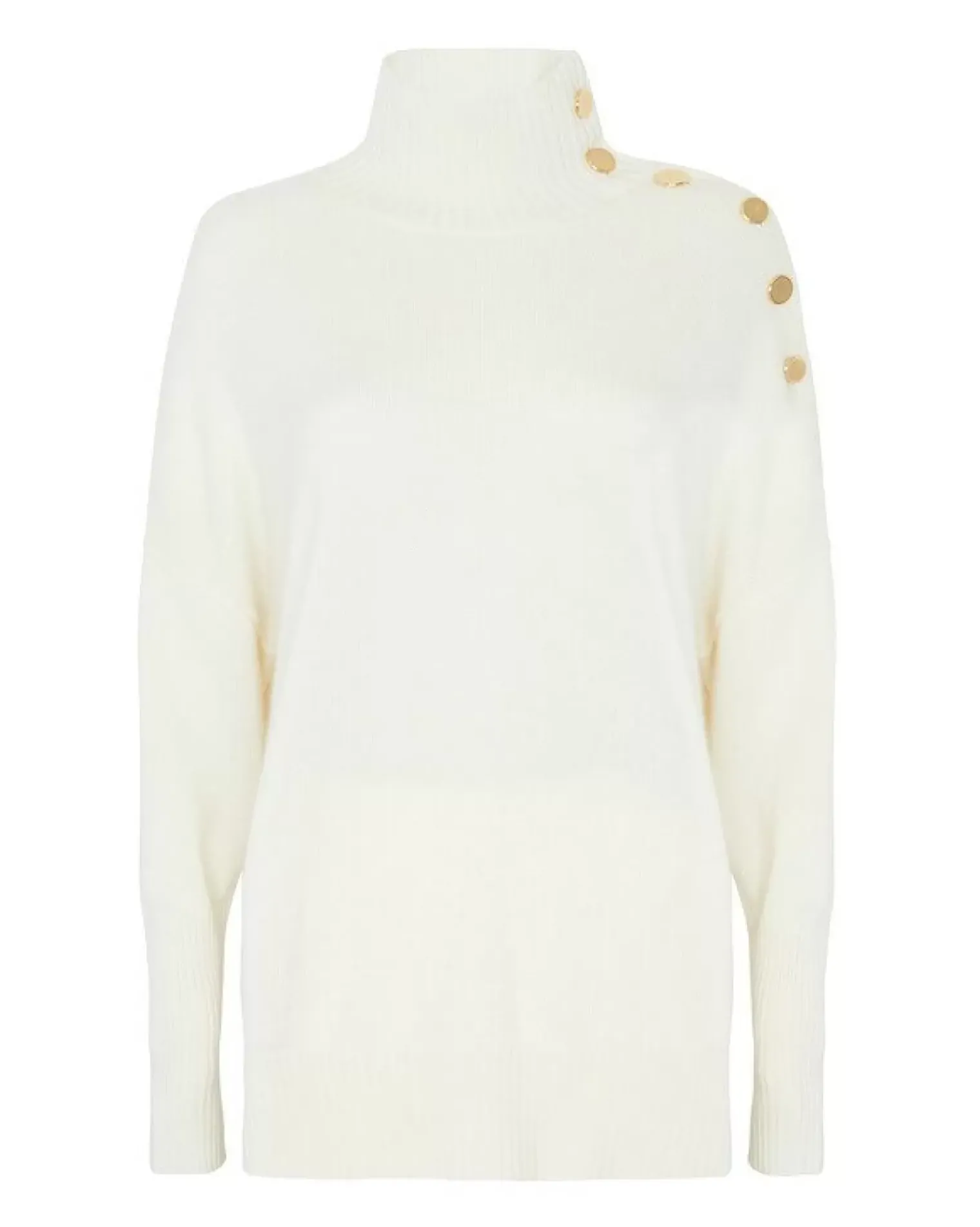 Kujten Sweaters & Sweatshirts>Funnel Neck Buttons Cashmere Sweater, 4-Threads Blanc