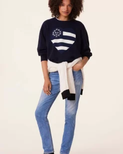 Kujten Sweaters & Sweatshirts>Heart Round Neck Cashmere Sweater, 10-Threads Bleu Marine Fonce