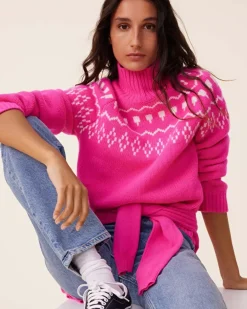 Kujten Sweaters & Sweatshirts>Jacquard Chimney Neck Cashmere Sweater, 4-Threads Rose Neon