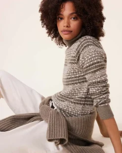 Kujten Sweaters & Sweatshirts>Jacquard Chimney Neck Cashmere Sweater, 4-Threads Kaki Chine