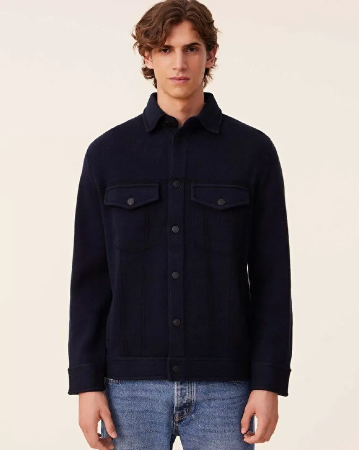 Kujten Jackets & Vests>Jacquard Men Cashmere Jacket, 4-Threads Bleu Marine Fonce