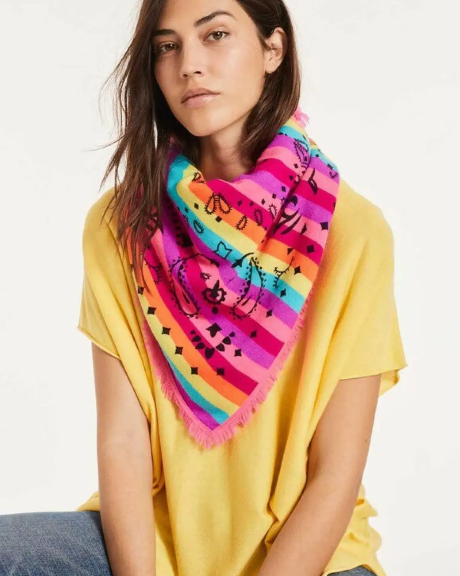 Kujten Bandanas>Large Striped Printed Cashmere Bandana Multicolore