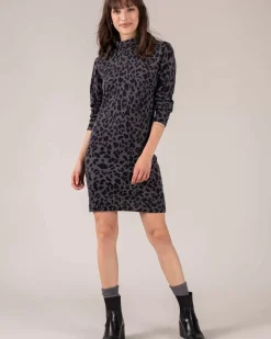 Kujten Dresses & Skirts>Leopard Funnel Neck Cashmere Dress Gris Anthracite Leopard