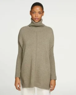 Kujten Sweaters & Sweatshirts>Lined Turtleneck Women Cashmere Tunic, 6-Threads Kaki Chine
