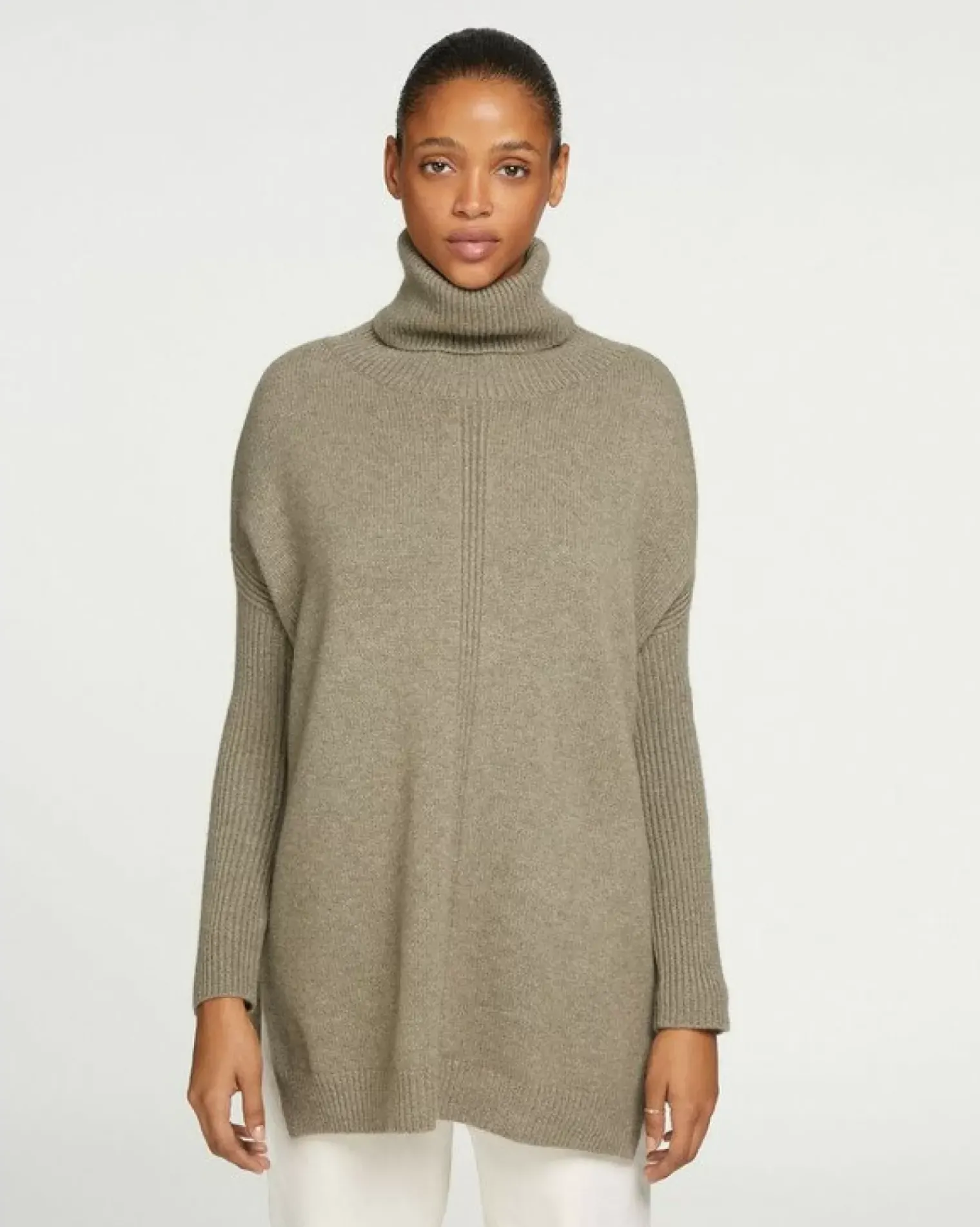Kujten Sweaters & Sweatshirts>Lined Turtleneck Women Cashmere Tunic, 6-Threads Kaki Chine