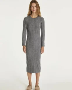 Kujten Dresses & Skirts>Long Cashmere Round Neck Dress Gris Flanelle