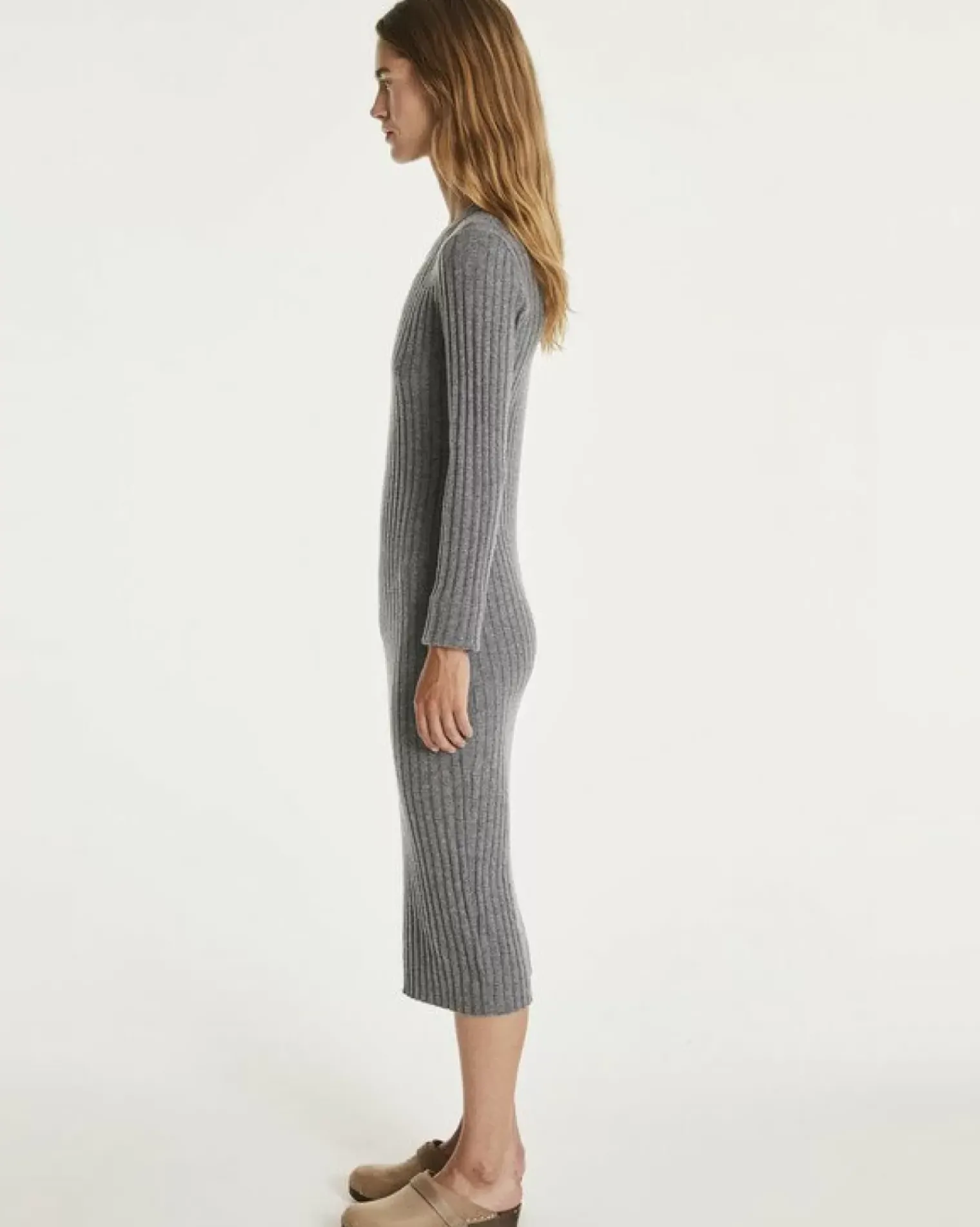 Kujten Dresses & Skirts>Long Cashmere Round Neck Dress Gris Flanelle