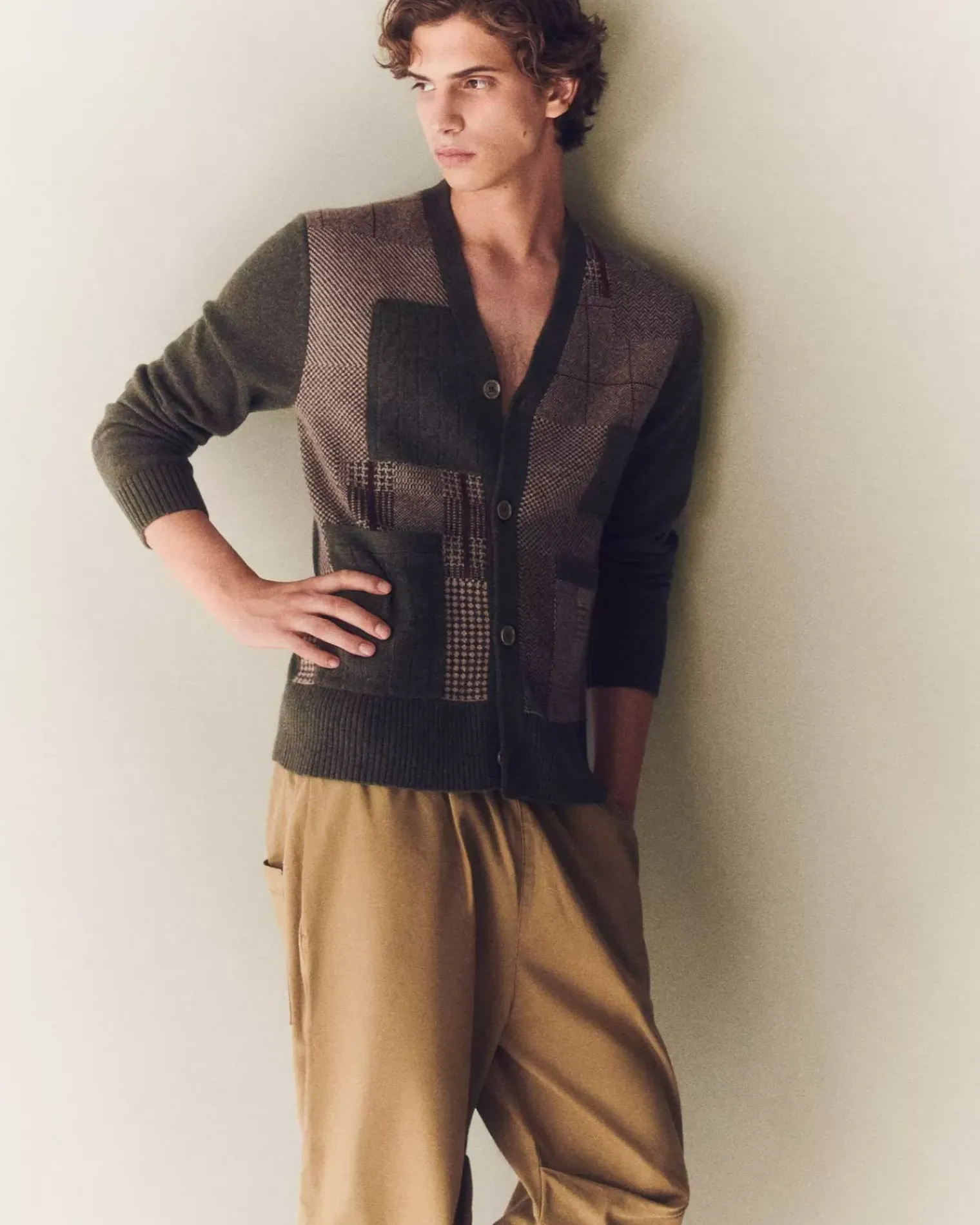 Kujten Jackets & Vests>Long Patchwork Cashmere Cardigan, 4-Threads Kaki Fonce