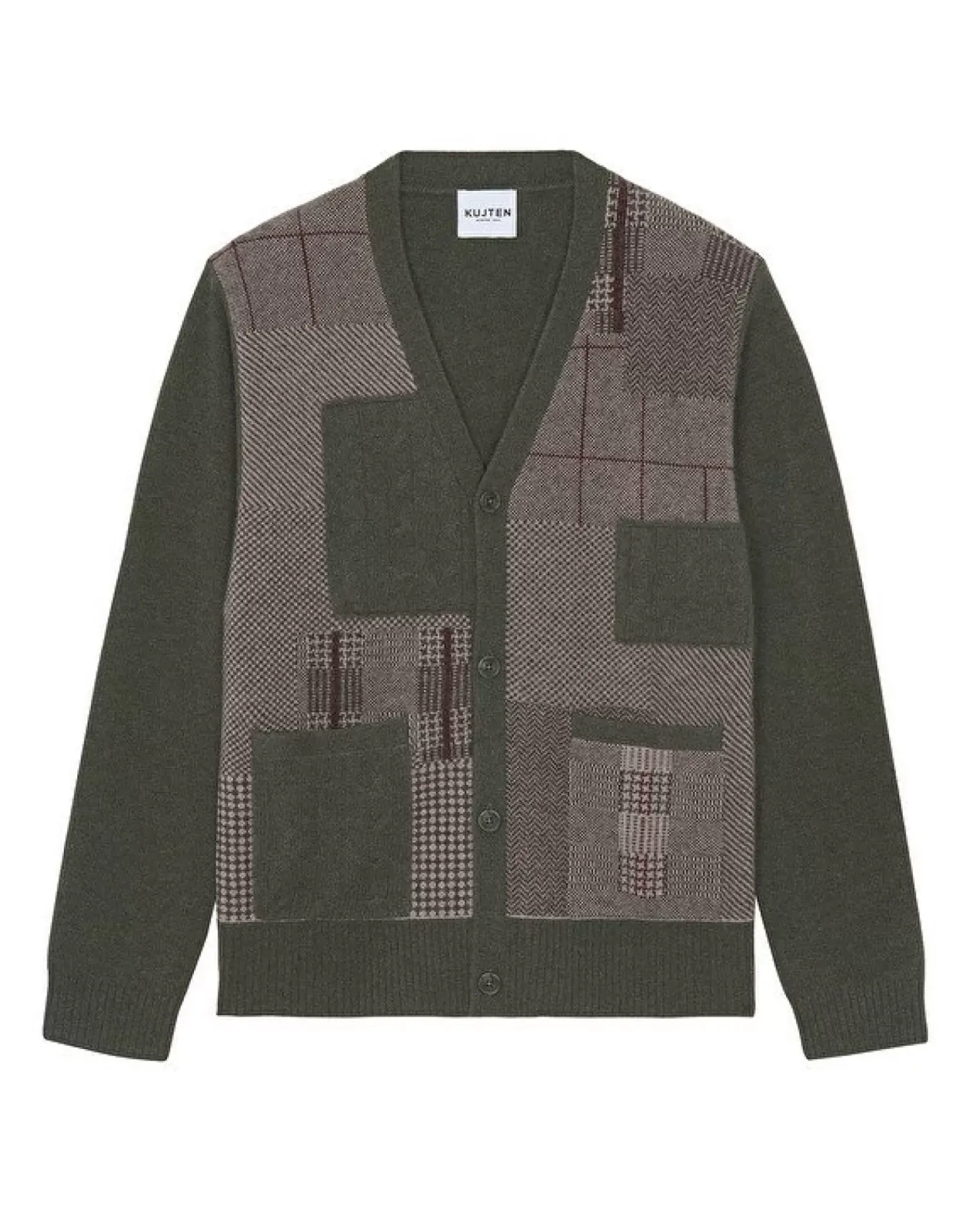 Kujten Jackets & Vests>Long Patchwork Cashmere Cardigan, 4-Threads Kaki Fonce