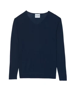 Kujten Sweaters & Sweatshirts>Man Silk & Cashmere V-Neck Sweater Bleu Marine Fonce