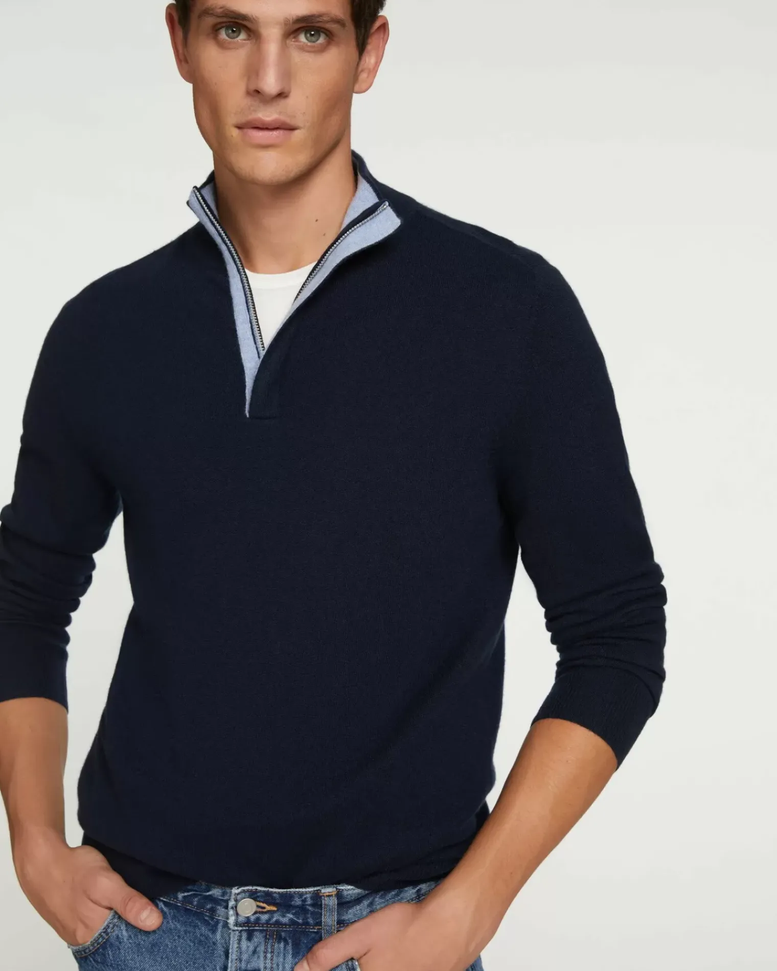 Kujten Sweaters & Sweatshirts>Men Cashmere Sweater, 2-Threads Bleu Marine Fonce