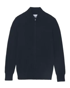 Kujten Jackets & Vests>Men Cashmere Trucker Neck Cardigan, 4-Threads Bleu Marine Fonce