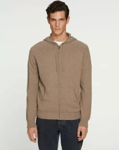Kujten Hoodies>Men Cashmere Vest With Zipped Hood, 2-Threads Beige Taupe