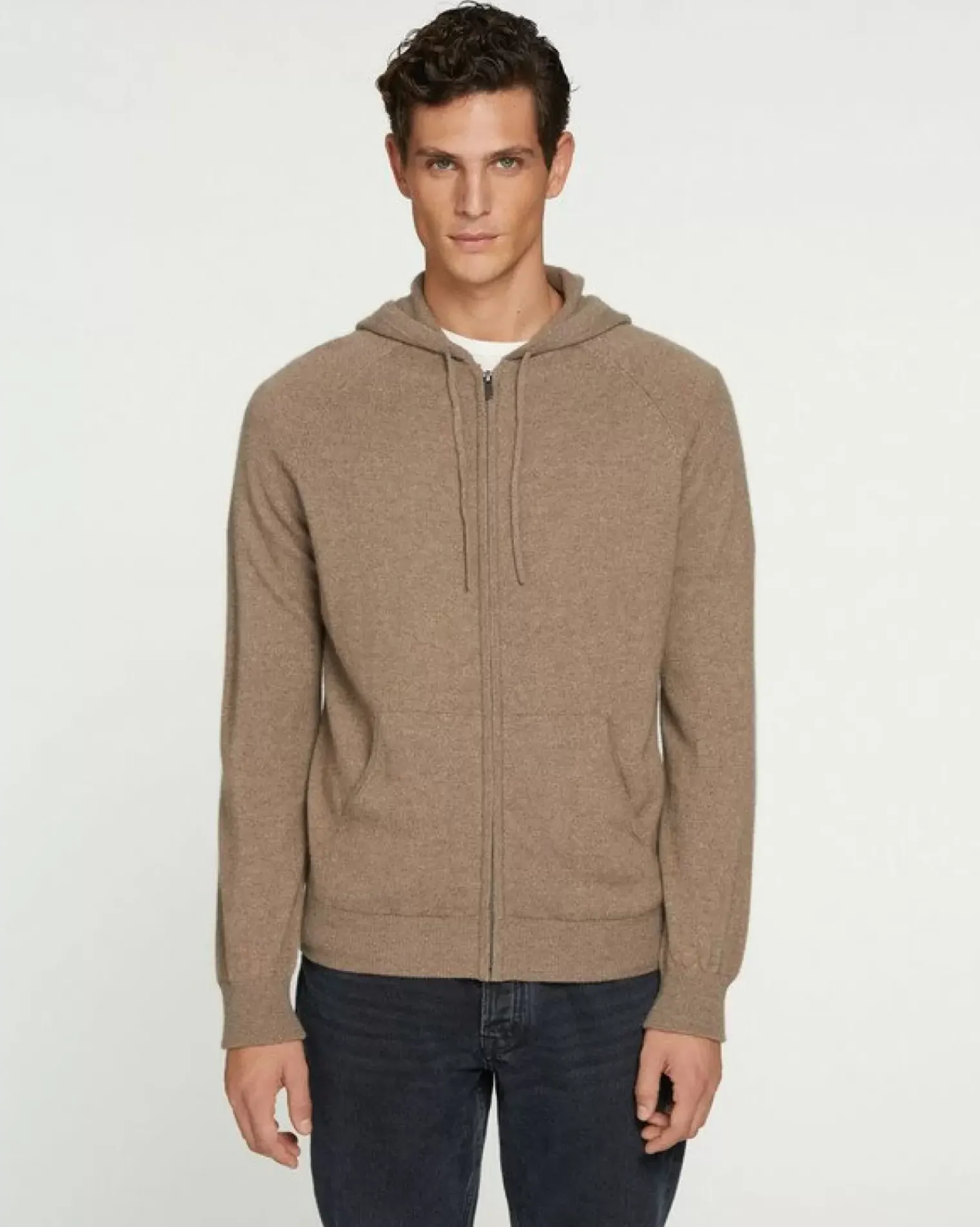 Kujten Hoodies>Men Cashmere Vest With Zipped Hood, 2-Threads Beige Taupe