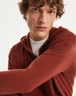 Kujten Hoodies>Men Cashmere Vest With Zipped Hood Bordeaux Sienne