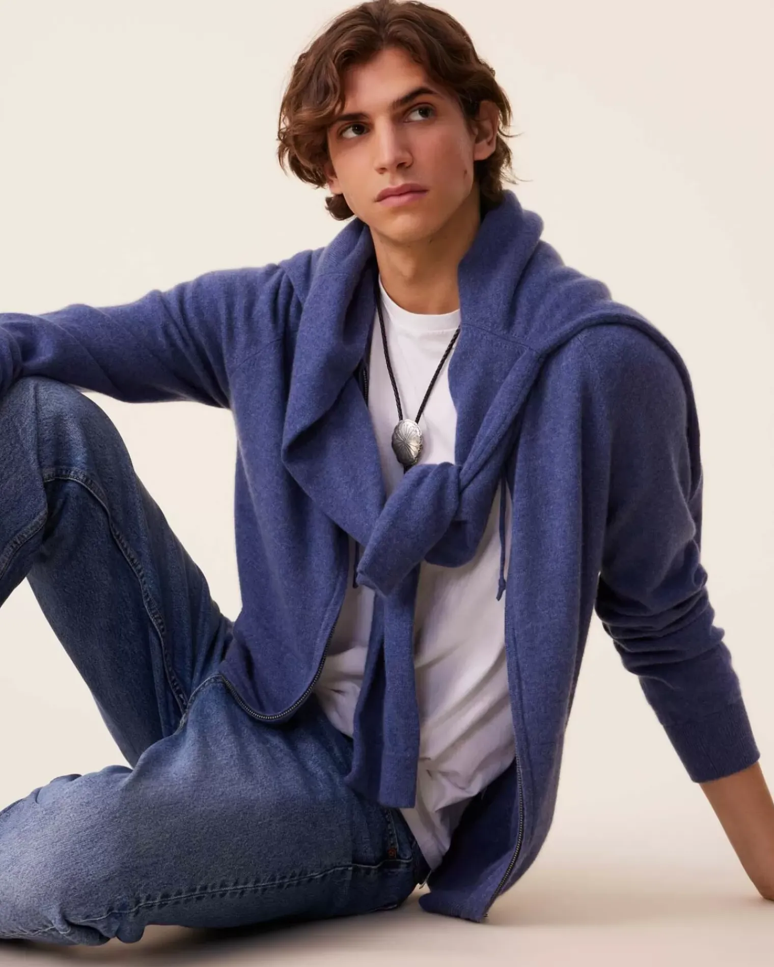 Kujten Hoodies>Men Cashmere Zip Hoodie, 2-Threads Bleu Denim