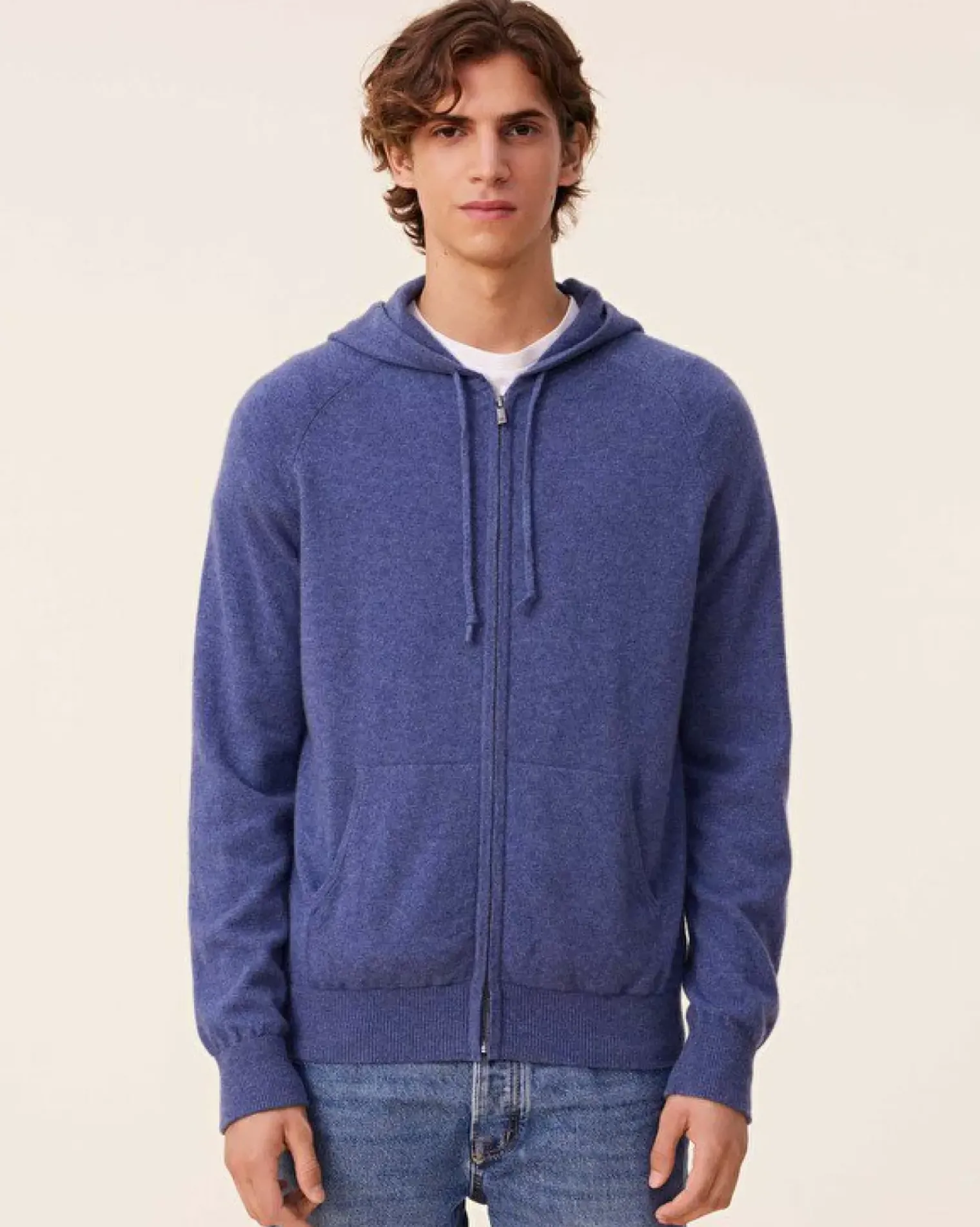 Kujten Hoodies>Men Cashmere Zip Hoodie, 2-Threads Bleu Denim