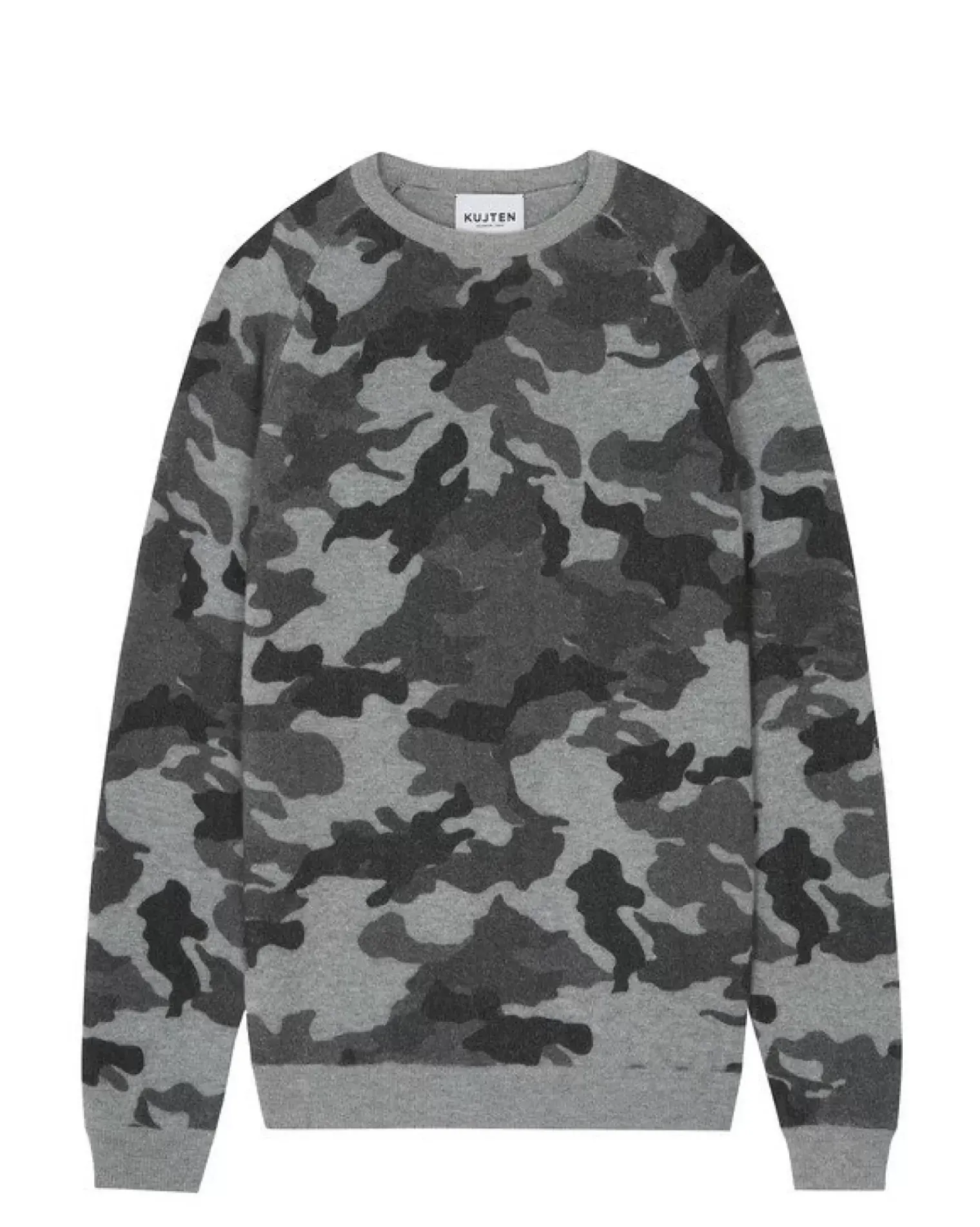 Kujten Sweaters & Sweatshirts>Men Printed Round Neck Cashmere Sweater Camou Gris