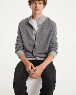 Kujten Jackets & Vests>Men Round Neck Cashmere Cardigan Gris Flanelle