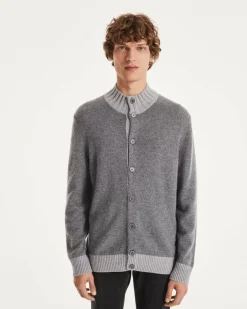 Kujten Jackets & Vests>Men Round Neck Cashmere Cardigan Gris Flanelle