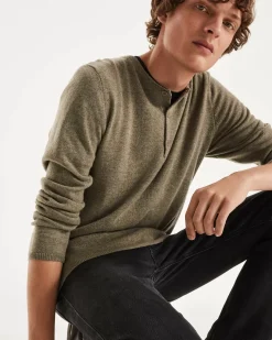 Kujten Sweaters & Sweatshirts>Men Tunisian Collar Cashmere Sweater Kaki Chine