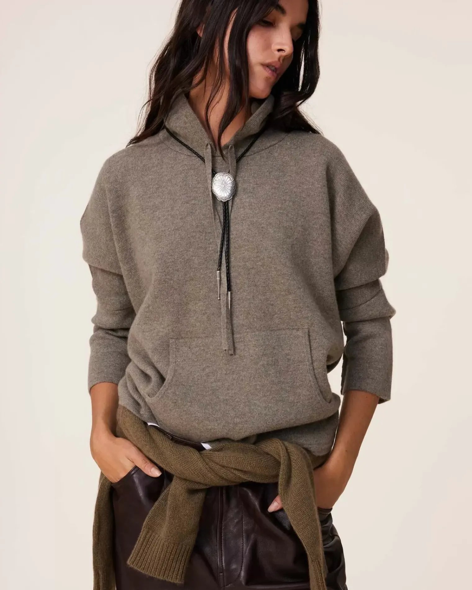 Kujten Hoodies>Milano Oversized Cashmere Hoodie, 2-Threads Kaki Chine