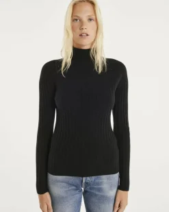 Kujten Sweaters & Sweatshirts>Mock Neck Side Women Cashmere Sweater Noir