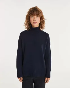 Kujten Sweaters & Sweatshirts>Oversize Funnel Neck Cashmere Sweater, 8-Threads Bleu Marine Fonce