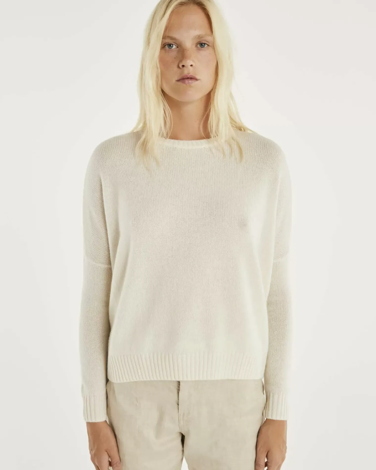 Kujten Sweaters & Sweatshirts>Oversize Round Neck Cashmere Sweater, 4-Threads Blanc