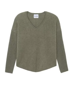 Kujten Sweaters & Sweatshirts>Oversize Woman V-Neck Cashmere Sweater, 2-Threads Kaki Chine