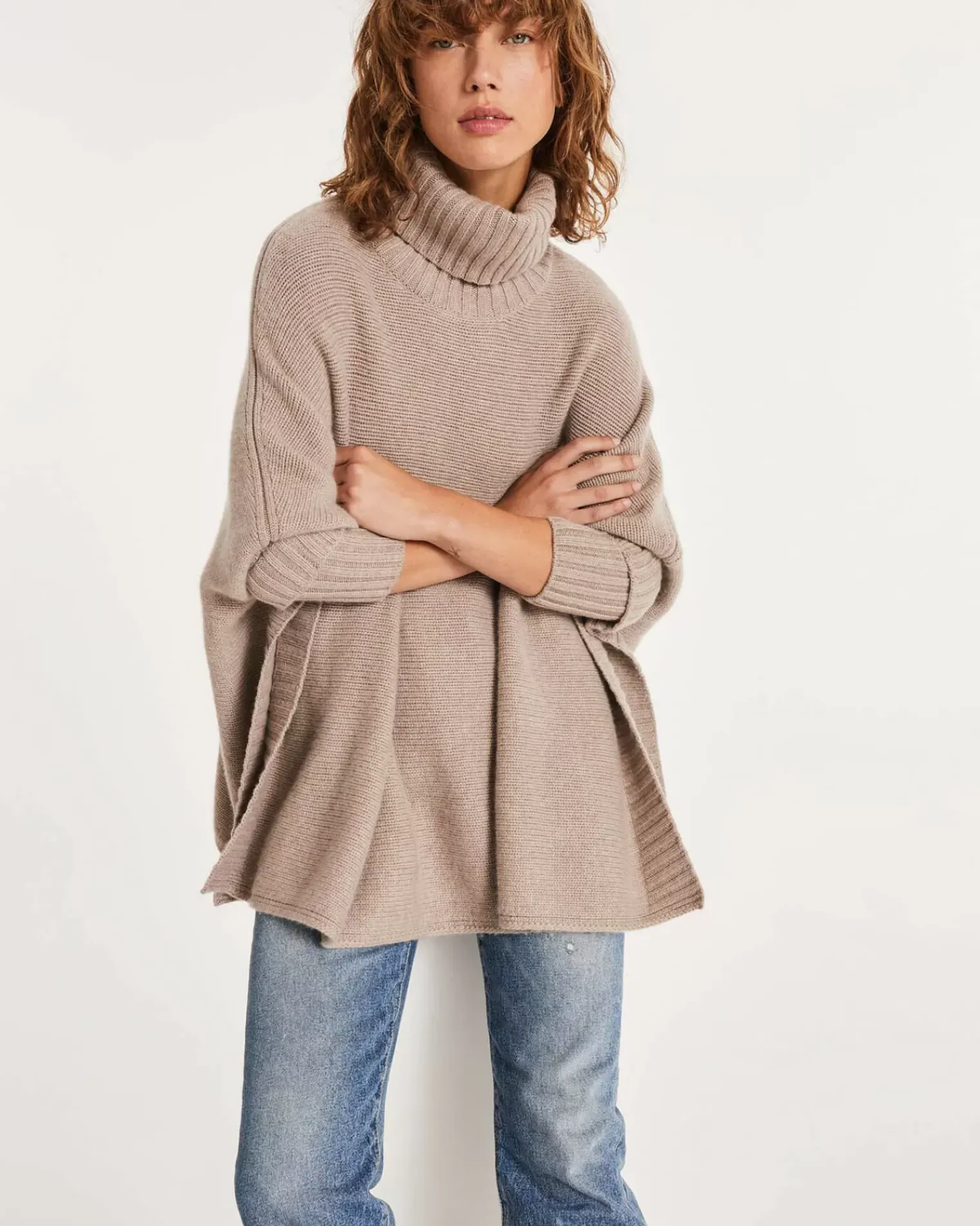 Kujten Capes & Ponchos>Oversized Cashmere Turtleneck Poncho Beige Taupe
