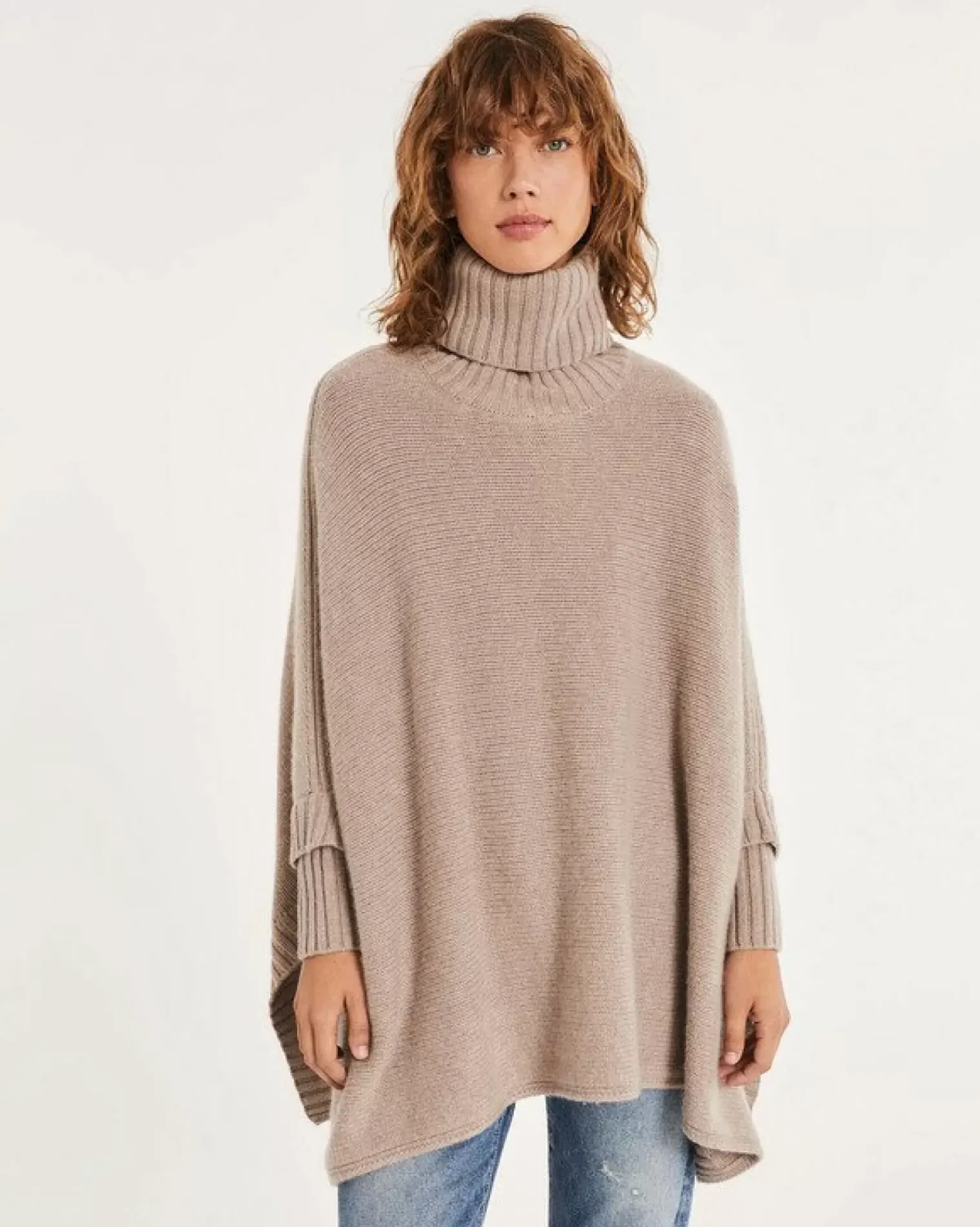 Kujten Capes & Ponchos>Oversized Cashmere Turtleneck Poncho Beige Taupe