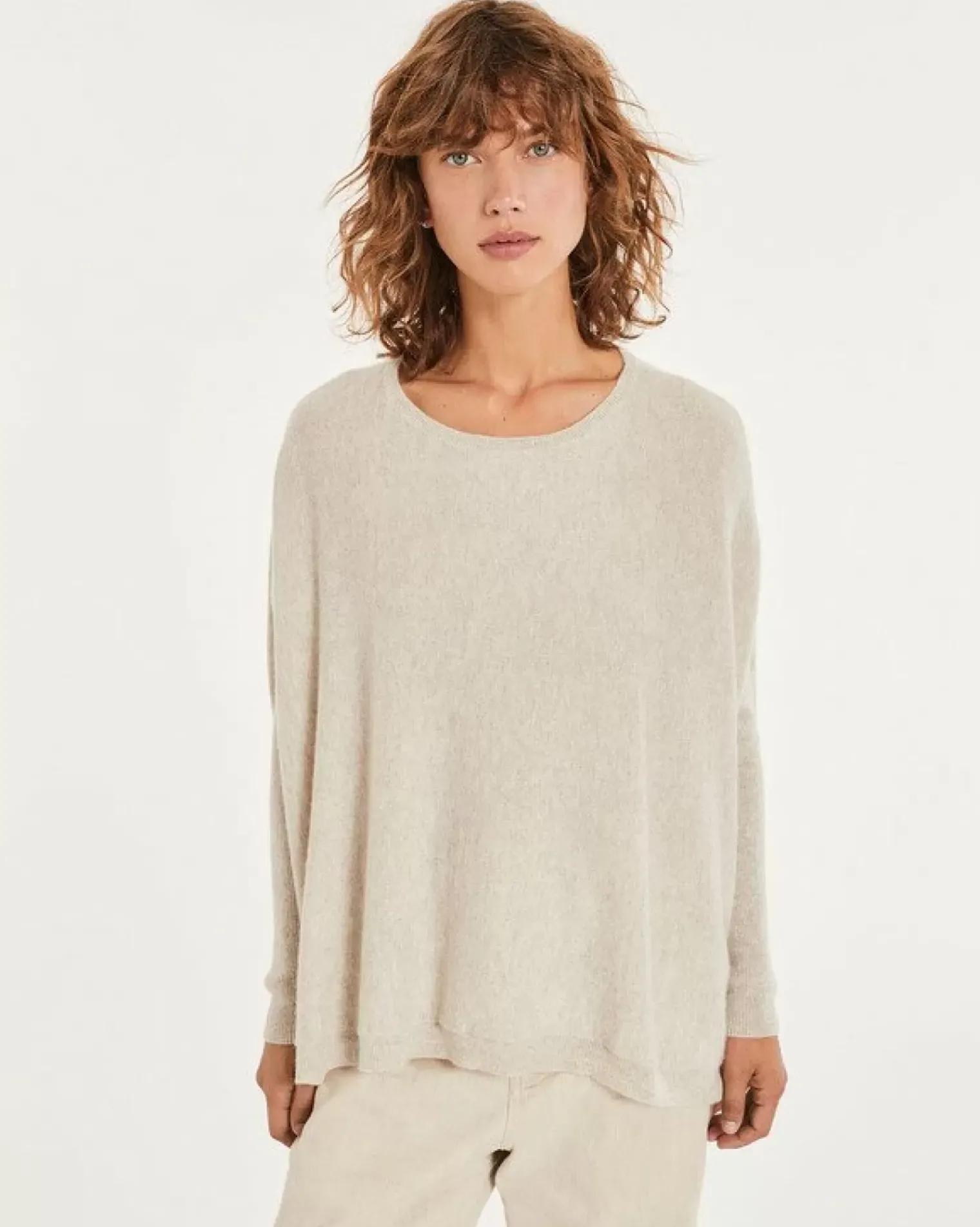 Kujten Sweaters & Sweatshirts>Oversized Round Neck Cashmere Sweater, 2-Threads Avoine