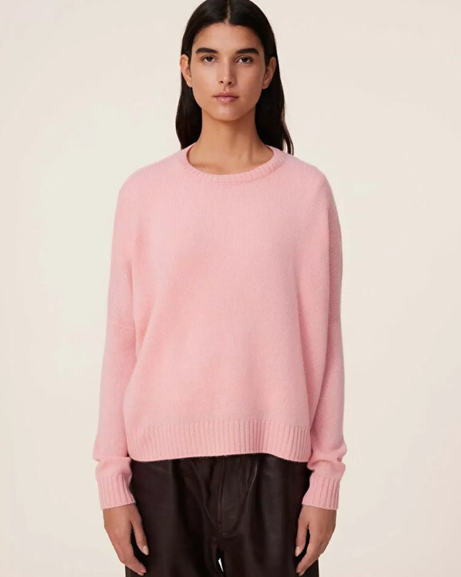 Kujten Sweaters & Sweatshirts>Oversized Round Neck Cashmere Sweater, 4-Threads Rose Guimauve