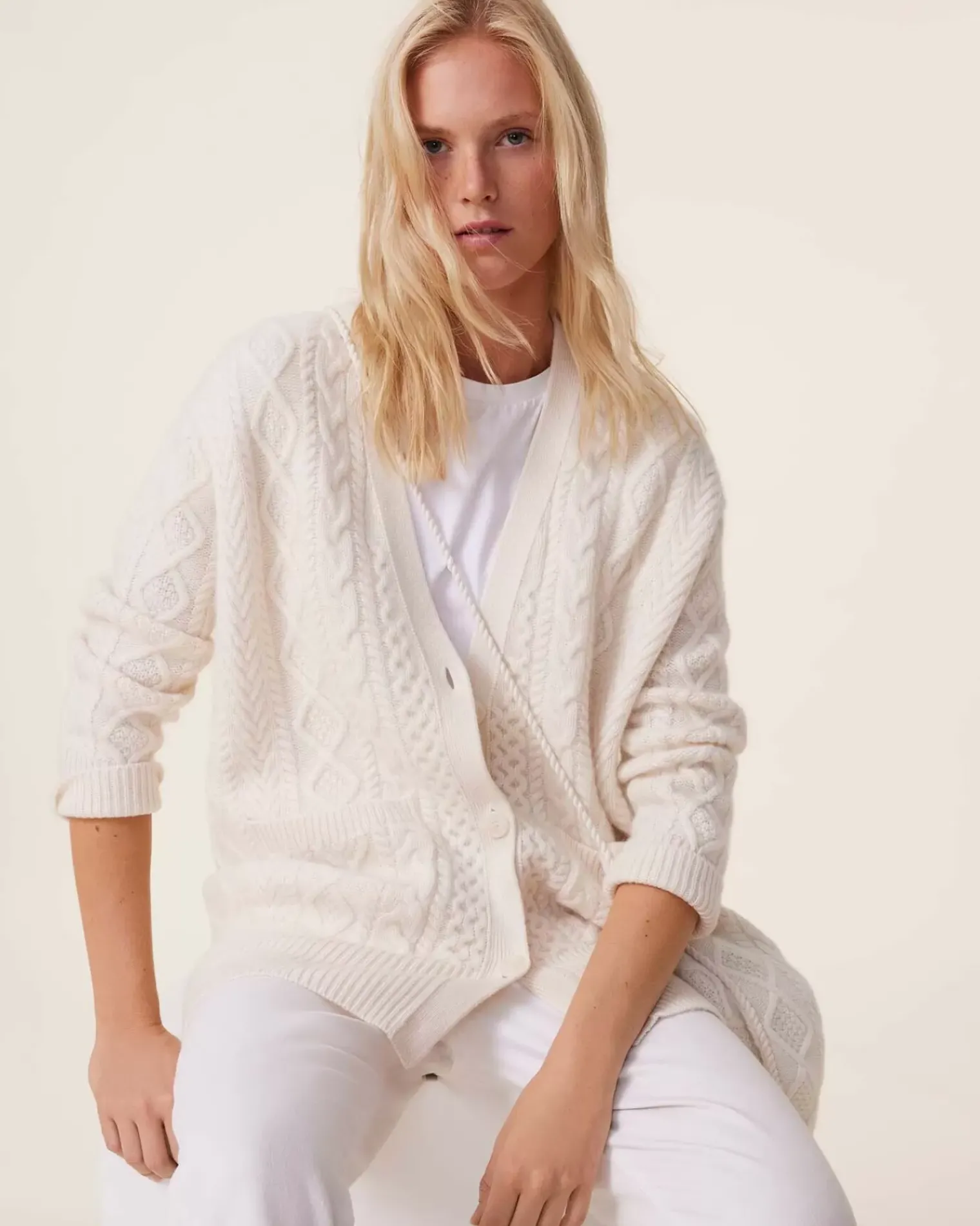 Kujten Jackets & Vests>Oversized Twisted Cashmere Cardigan, 8-Threads Blanc