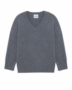 Kujten Sweaters & Sweatshirts>Oversized V-Neck Cashmere Sweater, 4-Threads Gris Flanelle