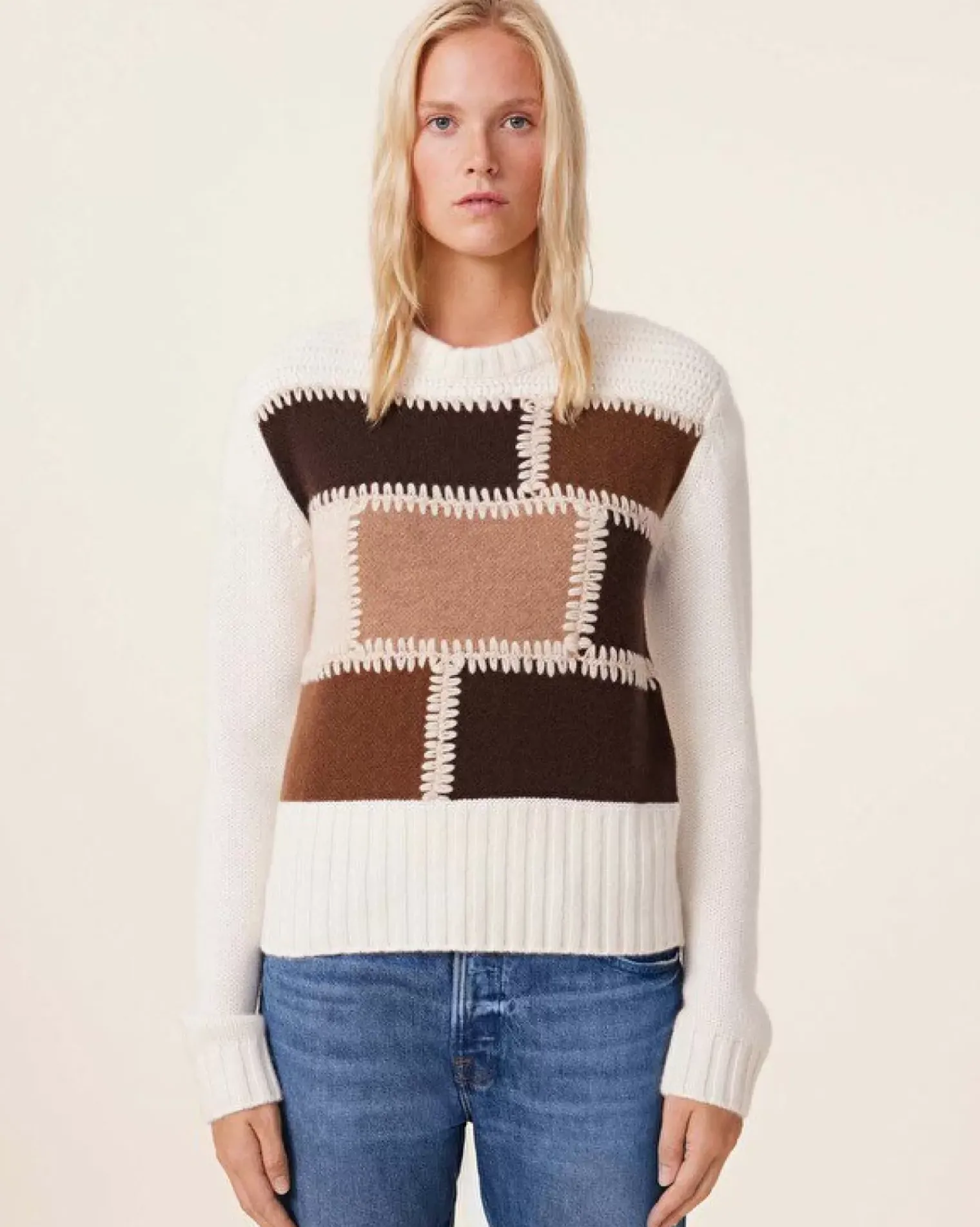 Kujten Sweaters & Sweatshirts>Patchwork Round Neck Cashmere Sweater, 8-Threads Camelo