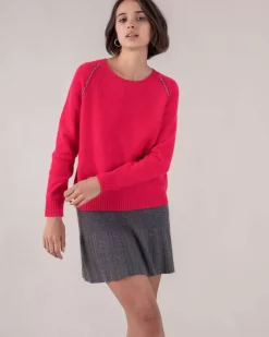 Kujten Sweaters & Sweatshirts>Piped Raglan Cashmere Round Neck Sweater Rose Fushia