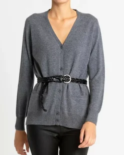 Kujten Jackets & Vests>Plain Straight V-Neck Cashmere Cardigan Gris Flanelle