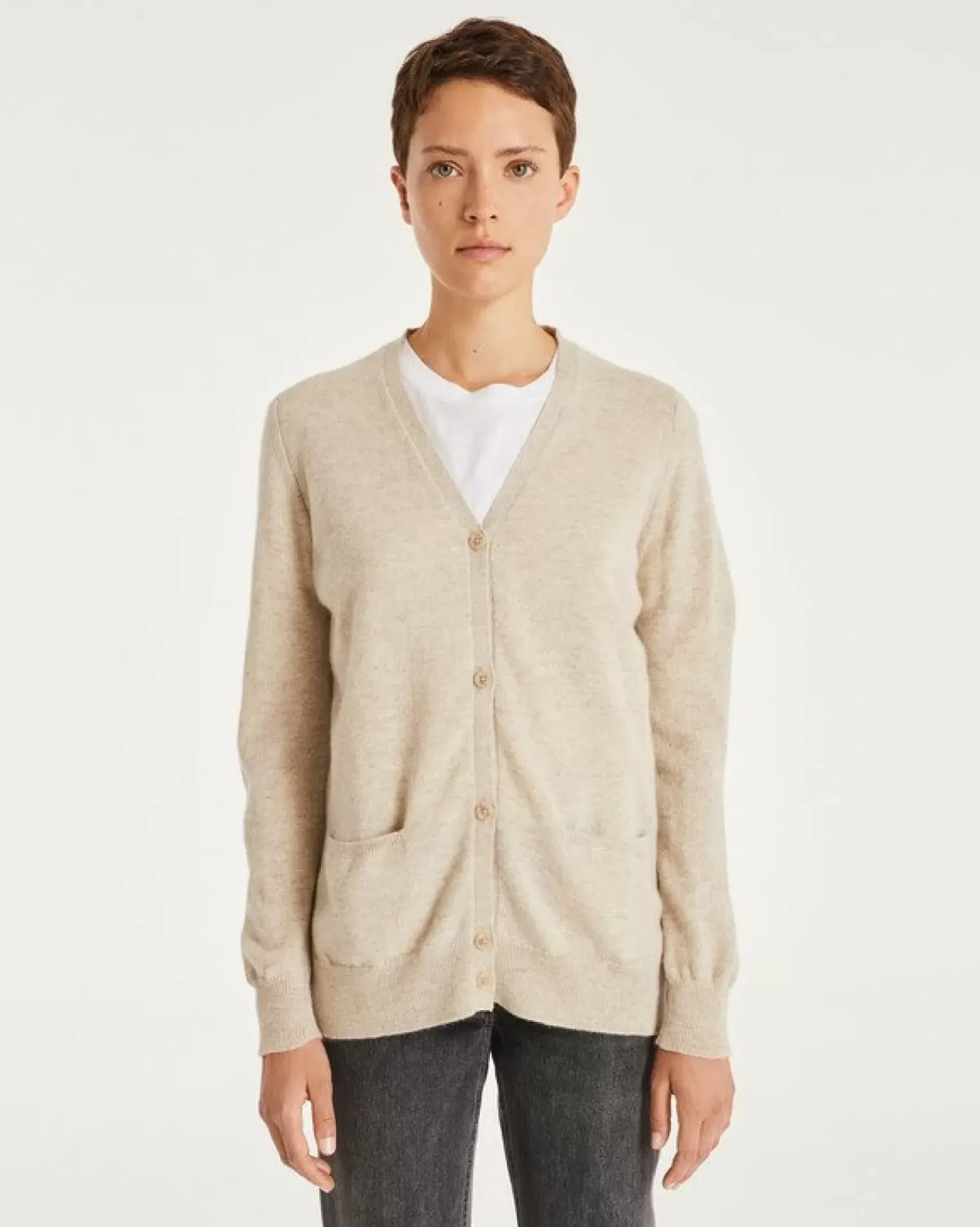 Kujten Jackets & Vests>Plain Straight V-Neck Cashmere Cardigan Avoine