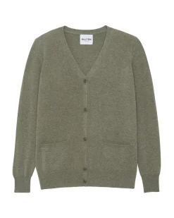 Kujten Jackets & Vests>Plain Straight V-Neck Cashmere Cardigan Kaki Chine