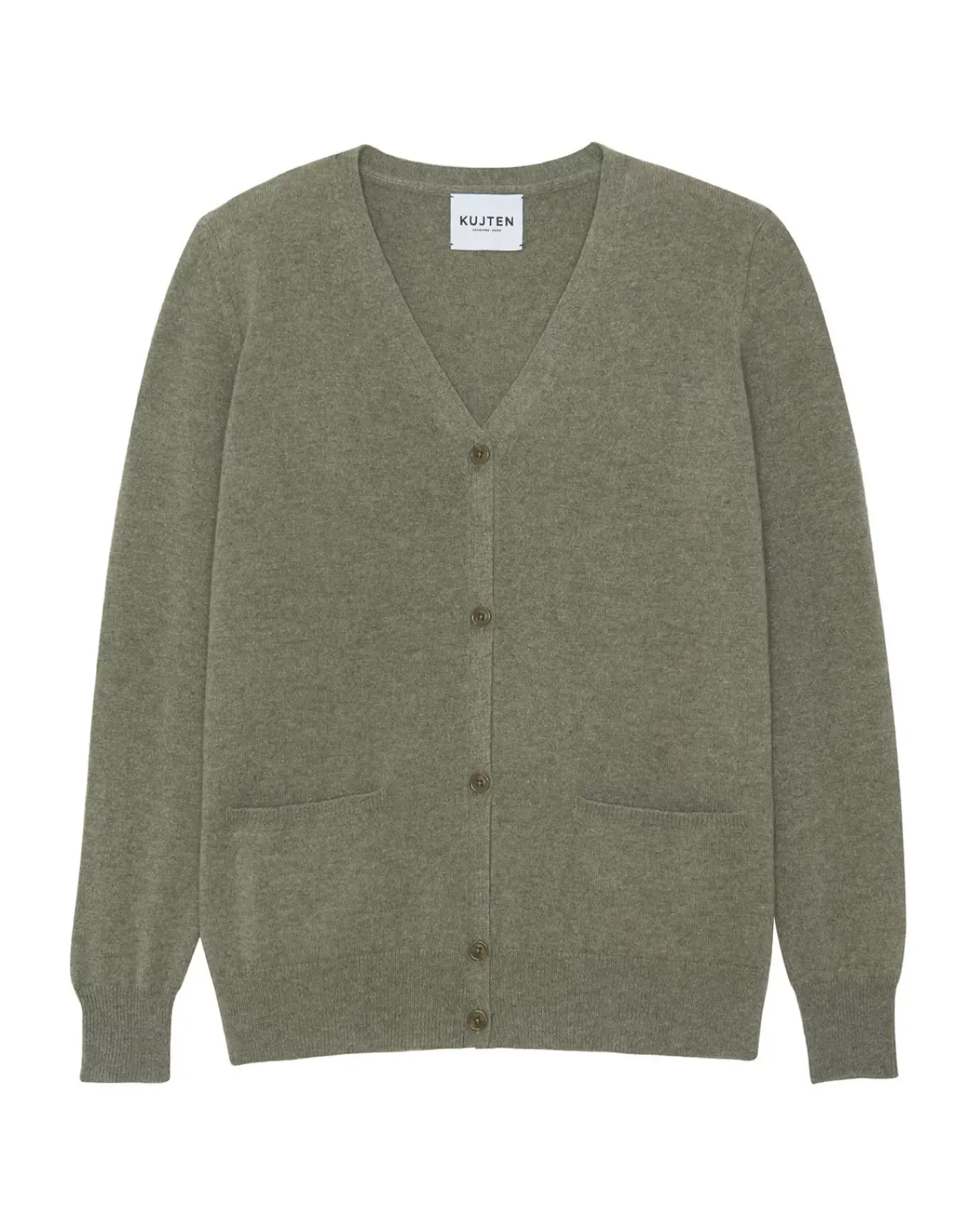 Kujten Jackets & Vests>Plain Straight V-Neck Cashmere Cardigan Kaki Chine