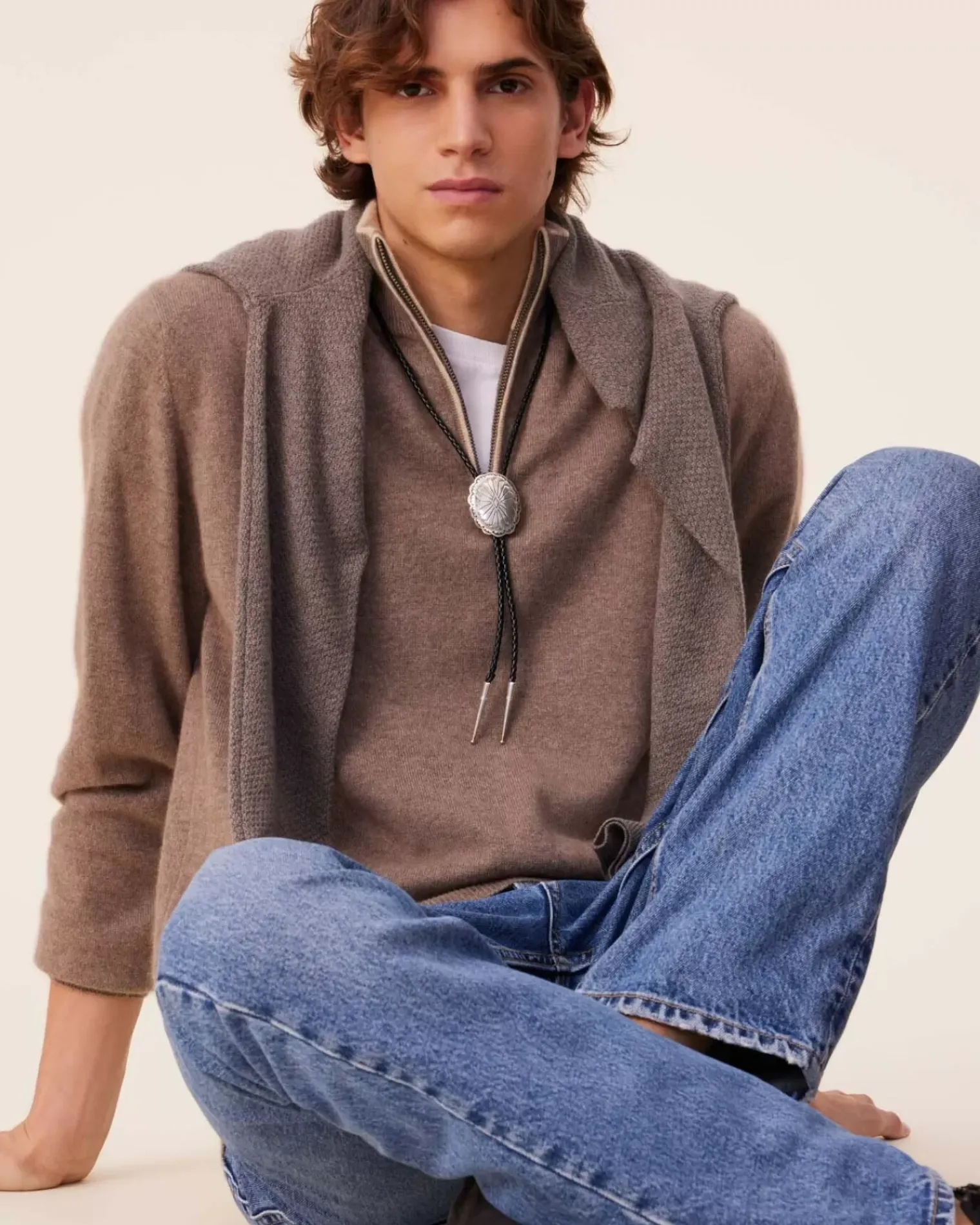 Kujten Sweaters & Sweatshirts>Plain Truck Collar Cashmere Man Sweater, 2-Threads Beige Taupe
