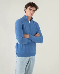 Kujten Sweaters & Sweatshirts>Plain Turtleneck Cashmere Man Sweater With Elbow Patches Bleu Denim