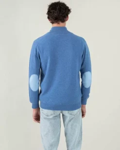 Kujten Sweaters & Sweatshirts>Plain Turtleneck Cashmere Man Sweater With Elbow Patches Bleu Denim